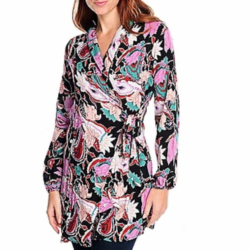 NEW KATE & MALLORY Wrap Top Shawl Collar Size Small NWOT Black Floral Long